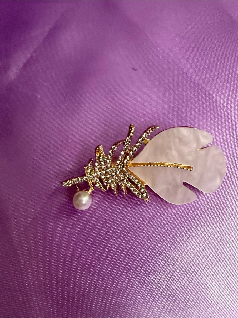 Gold & Pearl Leaf Drop Earring - Pink Mother-of-Pearl